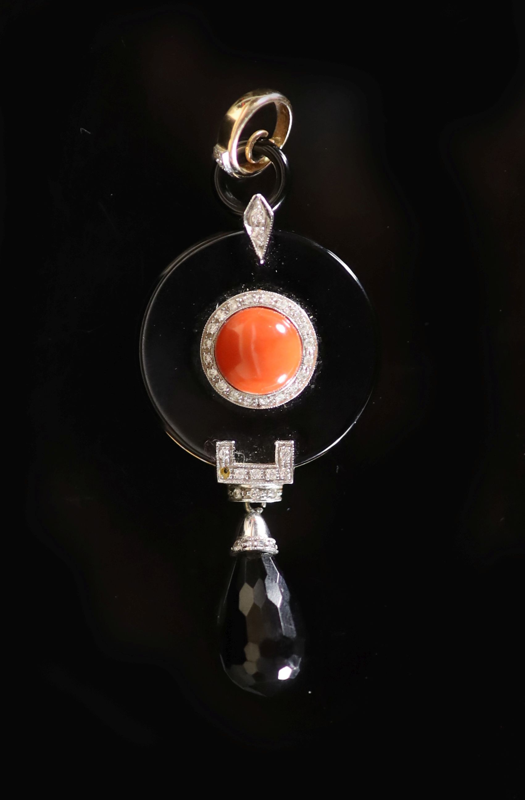 A mid 20th century Italian 18ct gold black onyx, coral bead and diamond chip set drop pendant